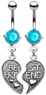 Best Friend Navel Ring ( 2 pcs pack) - Heart Charm Pendent CZ Navel Ring ( Truquise )