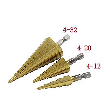 Generic 4 to 12mm : Tiepai 4-12mm/4-20mm/4-32mm HSS Steel Large Step Cone Titanium Coated Hex Shank Coated Metal Drill Bit Cut Tool Set Hole Cutter