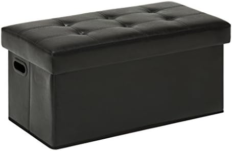 [ Christmas Gift ] Azufi 30" Button-Tufted Faux Leather Folding Storage Ottoman / Footstool / Bench with Dual Plastic Handles, Black