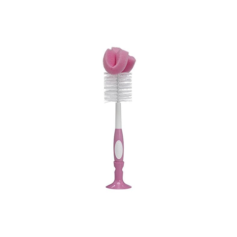 Dr. Brown’s Reusable Sponge Baby Bottle Cleaning Brush with Suction Cup Stand, Scrubber and Nipple Cleaner, Pink 1-Pack