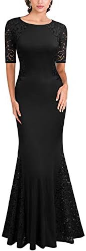 FORTRIC Women Short Sleeves Lace Side Wedding Party Bridesmaid Long Maxi Dress