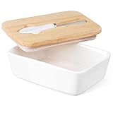 DOWAN Porcelain Butter Dish - Butter Keeper with Industrial Design Wooden Lid and Steel Knife, White
