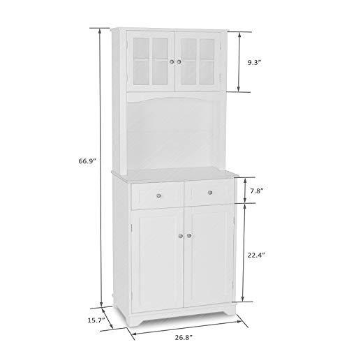 Amooly Buffet Hutch Standing Kitchen Cabinet with Top & Bottom Enclosed,Glass Doors,2 Drawers and Large Open Space for Microwave,White