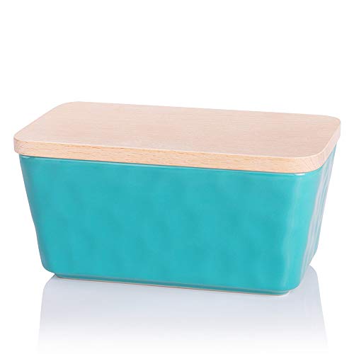 Krokori Butter Dish, Stoneware Ceramic Butter Dish Butter Container Margarine Dish Covered Butter Keeper with Wooden Lid Food Storage Box for Daily Use (Aquamarine) - Thumbnail 7