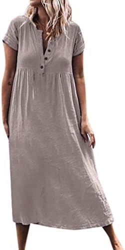 Winsummer Women Plus Size Linen Long Dress Short Roll Up Sleeve Maxi Dress Casual V Neck Front Button Tunic T-Shirt Dress