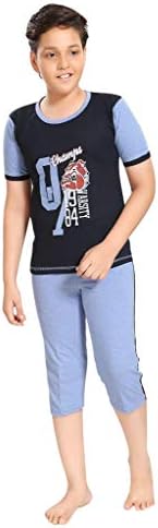 Night Suit for Kids - Red Top and Capri Set - Printed Tshirt and Capri Set for Children - Soft Cotton Material Night Suit - Short Sleeves Tshirt - Stylish Night wear for Boys - For 2/4/6/8/10/12 Year Old - Set of 2
