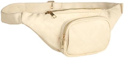 Ivory Quilted Multi Pocket Fanny Pack, Faux Leather Waist Pack w/ Buckle