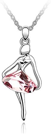 The Starry Night Diamond Cut Light Rose Red Austrian crystal Elegant Ballet Girl Pendant Silver Necklace