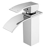 ROVOGO Waterfall Bathroom Vanity Sink Faucet, Single-Handle Single-Hole Cold and Hot Water Mixer Tap with Large Rectangular Spout, Brass Lavatory Sink Faucet, Chrome