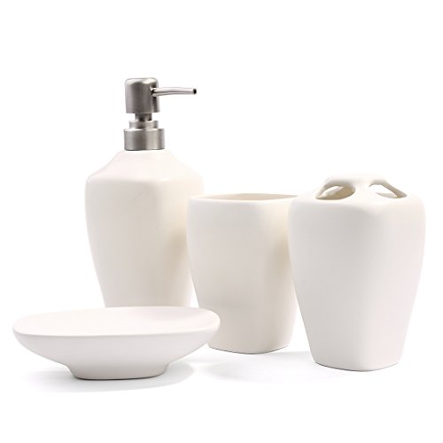 FORLONG FL3012 White Mate Ceramic Bathroom Accessories Set of 4:1 Gargle Cups,1 Toothbrush Holders,1 Soap Dishes,1 Soap Dispenser