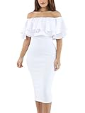 GOSOPIN Women's Off Shoulder Ruffle Bodycon Fit Sexy Midi Dresses Floral Print Medium White