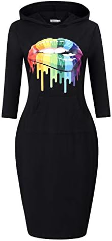 Women's Casual Sweatshirt Print Lips Pocket Pullover Hoodie Dress
