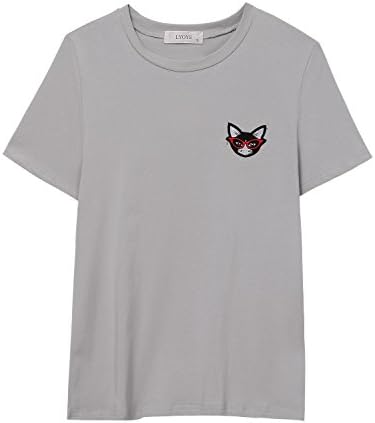 Women's Cotton Short Sleeve Top Animal Embroidery Graphic Smiley Sequins T-Shirts Fox Grey M