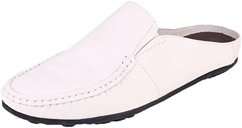 Santimon-Men Male Comfortable Soft Genuine Leather Backless Slippers Leisure Slip-on loafters Slippers Shoes-White-44