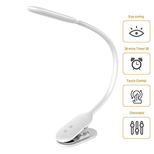 Clip Reading Light, Rechargeable 21 LEDs Desk Lamp, Touch Switch Table Lamps with Eye-Caring Dimmable Light, Clamp Book Light with 360°Flexible Swing Arm, 30 mins Timer, for Kids, Room, Office, School