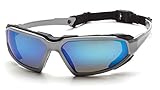 Pyramex Highlander Safety Eyewear, Silver-Black Frame/Ice Blue Mirror Anti-Fog Lens
