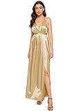 SheIn Women's Sexy Satin Deep V Neck Backless Maxi Party Evening Dress Small Gold