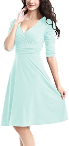 Doramode Women's 3/4 Sleeve V Neck Empire Waist Fit and Flare Midi Cocktail Dress, Light Blue, Small