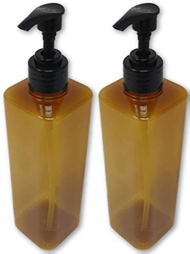 (2 Pack) Earth's Essentials Amber Square 16 Ounce Refillable Pump Bottles with Patented Screw-On Funnel. Ideal Dispenser for Liquid Loap, Lotions, Shampoo and Massage Oils.