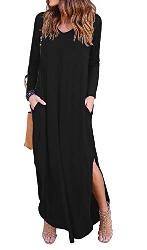 GRECERELLE Women's Casual Loose Pocket Long Dress Long Sleeve Split Maxi Dresses Black XS