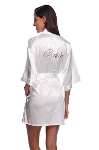 Women's Silky Bride Bridesmaid Kimono Robes Short Wedding Party Getting Ready Robe Dressing Gown with Gold Glitter, Bride M - Thumbnail 6
