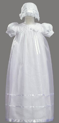 Long White Embroidered Organza Christening Baptism Gown with Bonnet - L (9-12 Month)