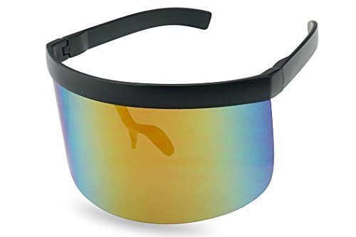 Matte Black Retro Futuristic Single Shield Color Oversized Visor Sunglasses (Matte Black, Fire Red Mirror)