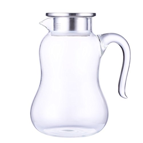 2 Litre Water Carafe Double Wall Glass Pitcher with Stainless Steel Flow Lid, Borosilicate Water Jug for Hot/Cold Water, Coffee, Ice Tea, Juice Beverage, Decanting and Serving Wine GYBL425