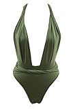 Kisscy Womens Deep V Neck High-Waist One Piece Monokini Swimsuit Swimwear Green