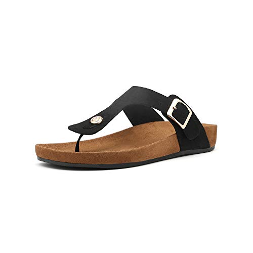 Women's T-Strap Thong Sandals Buckle Slip On Flip-Flops Beach Casual Platform Footbed Slippers (11, Black)