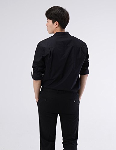 NEARKIN NKNKN382 Mens Classic Fit Roll-up Sleeve Mandarin Collar V Neck Casual Shirts Black US L(Tag Size L) - Thumbnail 7