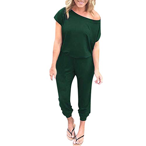 Fheaven Women's Off-Shoulder Jumpsuits Playsuit Short Sleeve Rompers Long Pants with Pocket (XL, Green 2) - Thumbnail 5