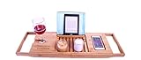 Premium Bamboo Bath Caddy Tray with Adjustable Sides, Has a Wine Glass Holder, a Book or Tablet Holder, and a Tray for Your Phone. Take Your Relaxation to the Next Level