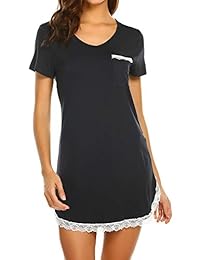 Camisón de dormir de algodón para dama, cuello en V, manga corta, encaje suave, camisa de noche (S-XXL)