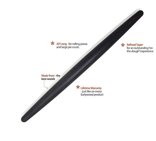 French Rolling Pin - Tapered Wooden Rolling Pin for Baking Pizza, Pastry Dough or Pasta - Hard Wood Roller Baking Pin Made in USA, By Earlywood - Mexican Ebony
