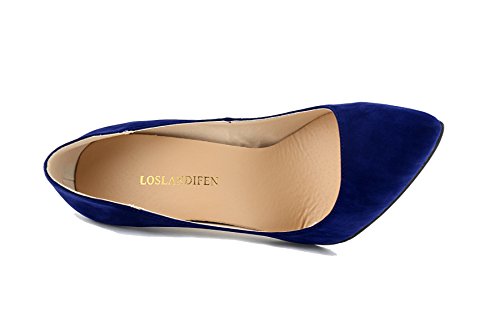 Loslandifen Womens Closed Toe High Heels Pointed Slender Stiletto Pumps(302-1VE35,Blue)