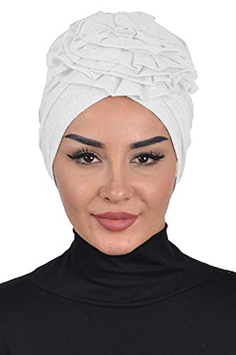 Instant Turban Cotton Scarf Head Wrap Cancer Chemo Headwear Rose Detail Ivory