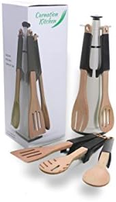 Carnation Kitchen 5 Piece, Utensil Set with Stand, Includes Weighted Silicone Grips, Integrated Spoon Rest and is Dishwasher Safe
