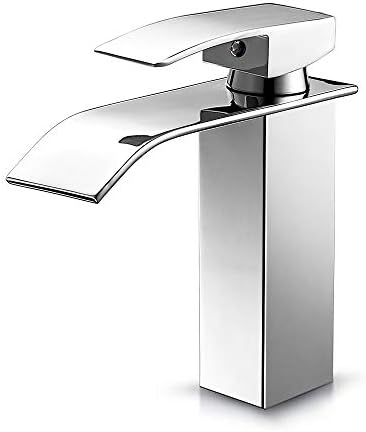 Basin Taps, Bathroom Sink Mixer Faucet Single Lever Handle Chrome Leadless Brass Kitchen Water-Tap with Waterfall Spout for Cold and Hot Water Available