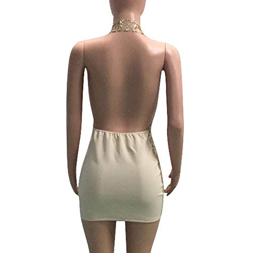 HUAMING-Clearance New Mesh Dresses,Sexy Womens Halter Dress Deep V Party Nightclub Dress Backless Sequins Mini Dress (L, Gold) - Thumbnail 3