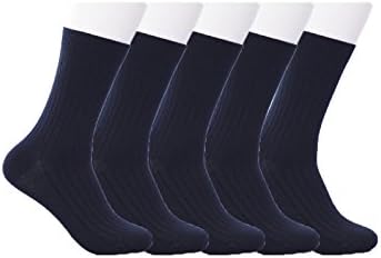 Men's Business Dress Socks, 98% Cotton Pack-5 Stripe Style Head Heel Reinforce Basics Crew Work Socks(5 Colors) (Navy)