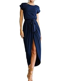 YMING Vestido de verano para mujer, informal, de cintura alta, color liso, con cinturón