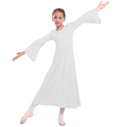 MYRISAM Kids Girls Praise Dance Robe Liturgical Solid Color Bell Sleeve Dress Full Length Loose Fit Worship Costume White 8-9T