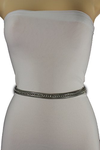 TFJ Women Fashion Belt Silver Mesh Metal Chain Narrow Hip Waist Beads Skinny S M L