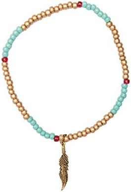 Indie Style Beaded Anklet with Charm by Beaucoup Designs-Expandable Rubber Band (Feather)