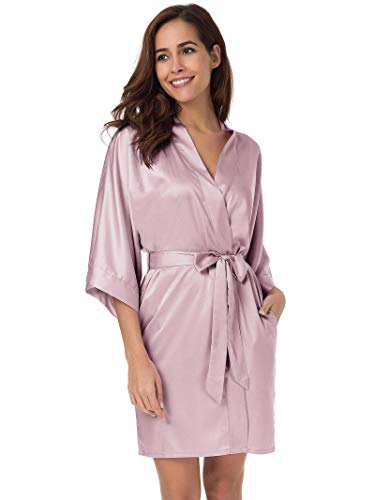 SIORO Women's Satin Robe, Short Bathrobe with V-Neck,3/4 Sleeves, Lightweight Kimono Loungewear for Bride & Bridesmaids, Wedding Party Sleepwear - Thumbnail 7