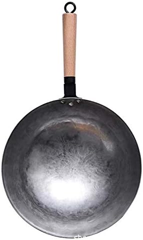 ZAOFENG Cast Iron Wok Pre-seasoned Camping Cooking Pot With Wooden Single Handle Uncoated Less Oil,36cm