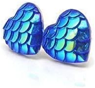 Heart Shaped Mermaid Scale Stud Earrings on Plastic Posts, 12mm Blue Color Shift