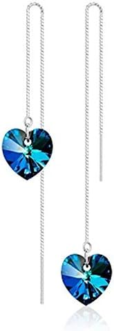 Ladies 925 Sterling Silver Blue Swarovski Crystal Heart of Ocean Long Earrings