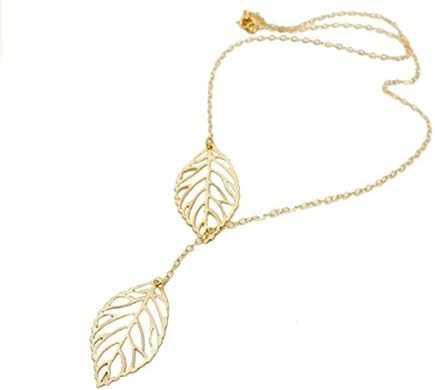 Most Beloved Gold Double Leaf Pendant Alloy Choker Necklace Charming Chain Necklace Strip Pendant